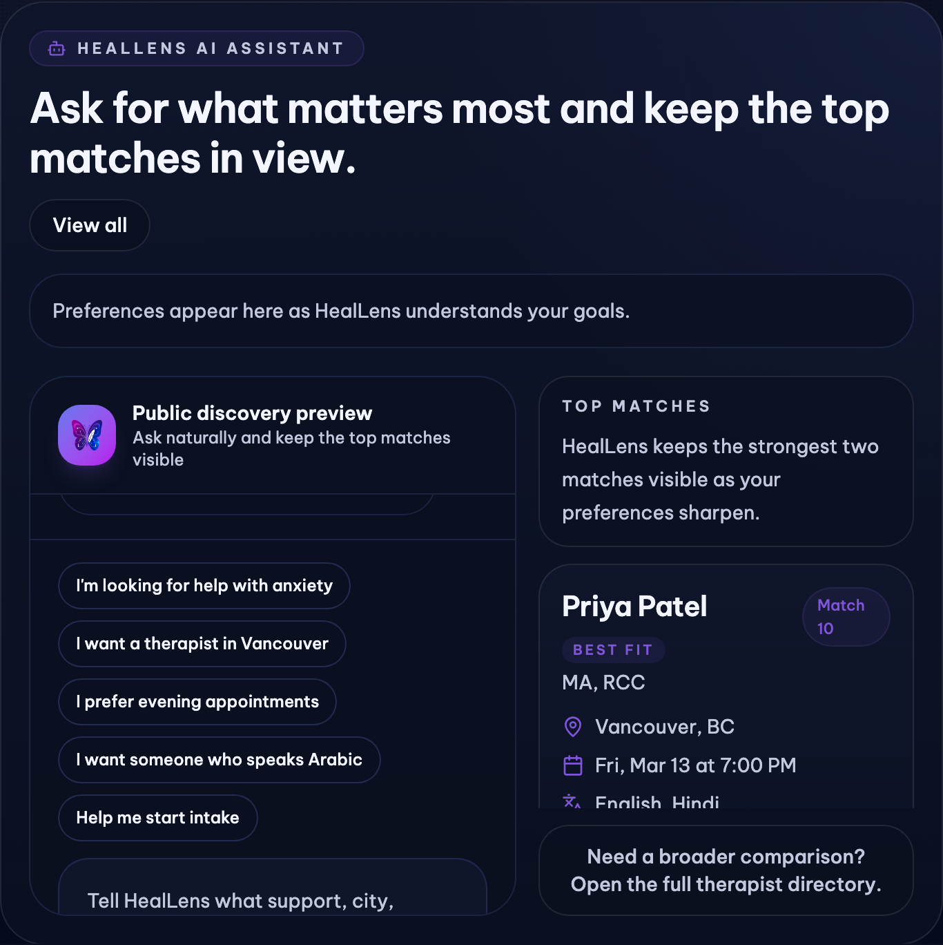 HealLens AI assistant discovery panel with top therapist matches