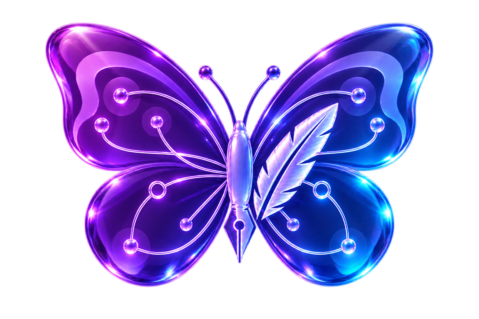 HealLens butterfly in violet liquid glass, with its central pen nib and separate feather