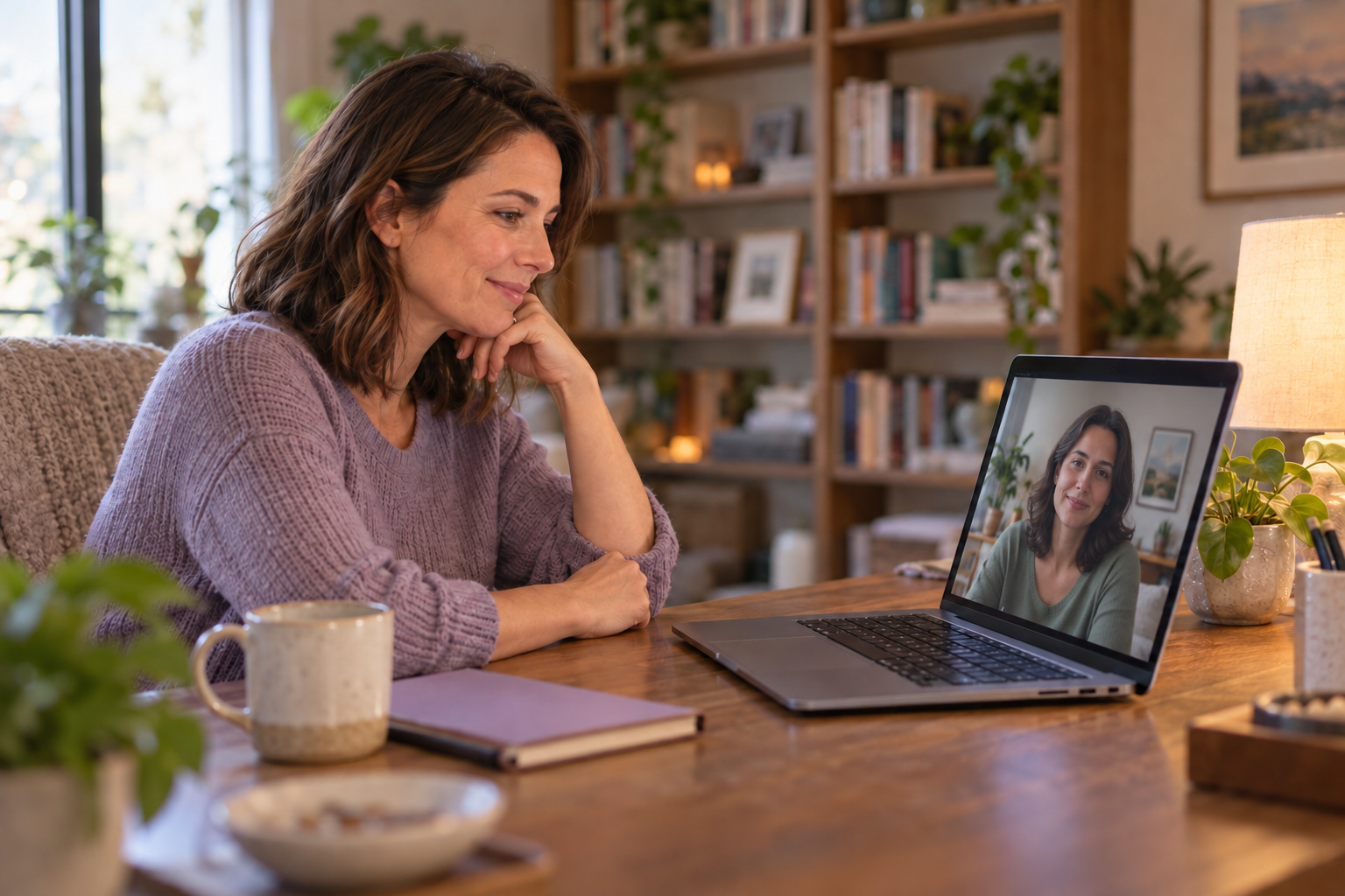 Illustrative scene of a therapist speaking with a client by video at a desk